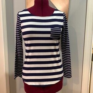 Navy and white striped boat neck top with rollable sleeves